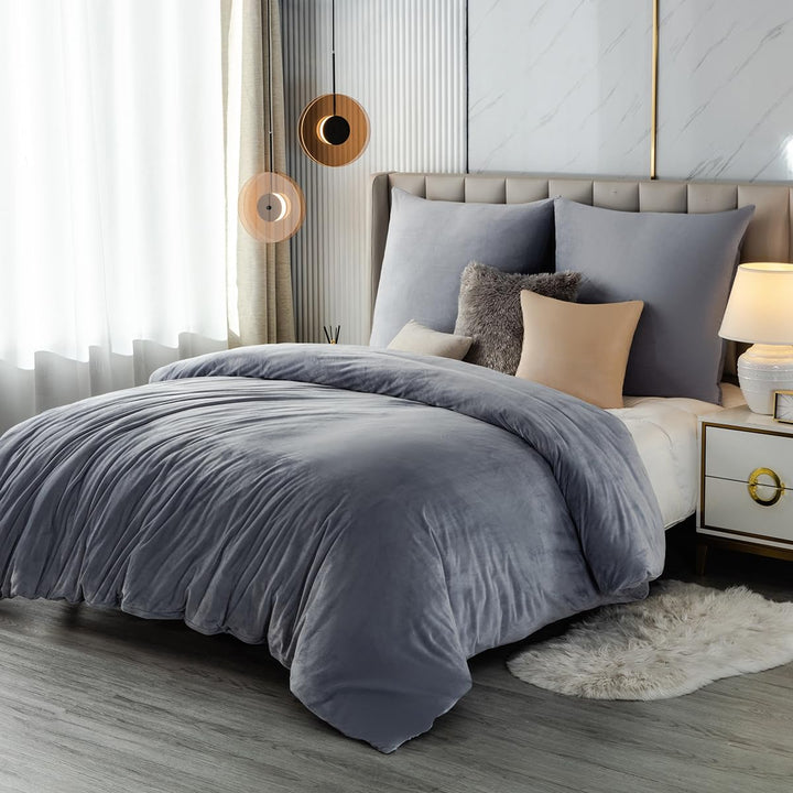 Soifox Winter Flanell Bettwäsche 180x200 - Grau Flauschige und Warme Cashmere Touch Bettbezug + Kiss