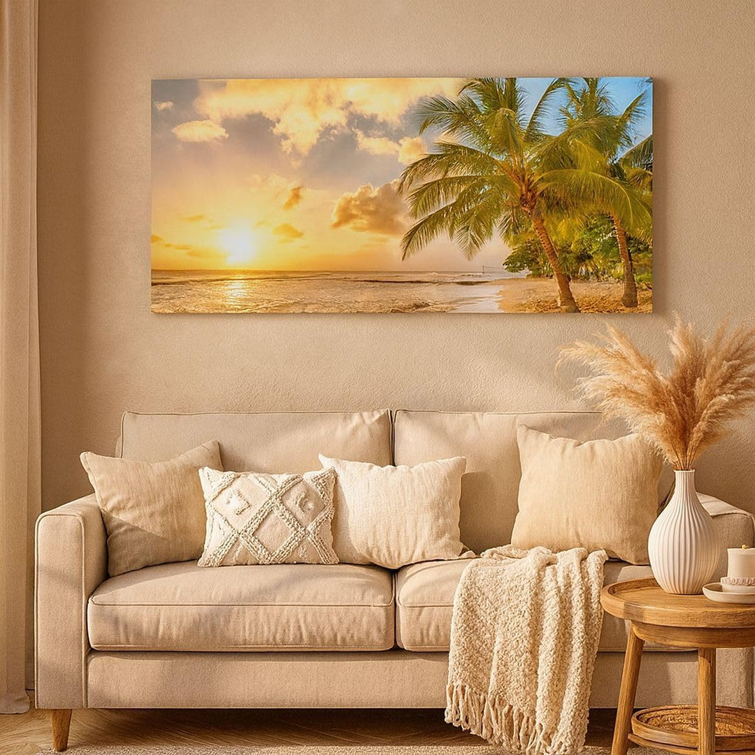 Wandbilder Dekoration Wohnzimmer Strand Meer Palme Panorama Bilder auf Leinwand 120x50cm Leinwandbil