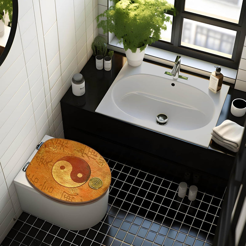 banjado® Design WC Sitz Bambus Absenkautomatik mit Motiv Yin Yang/Toilettendeckel mit Absenkautomati