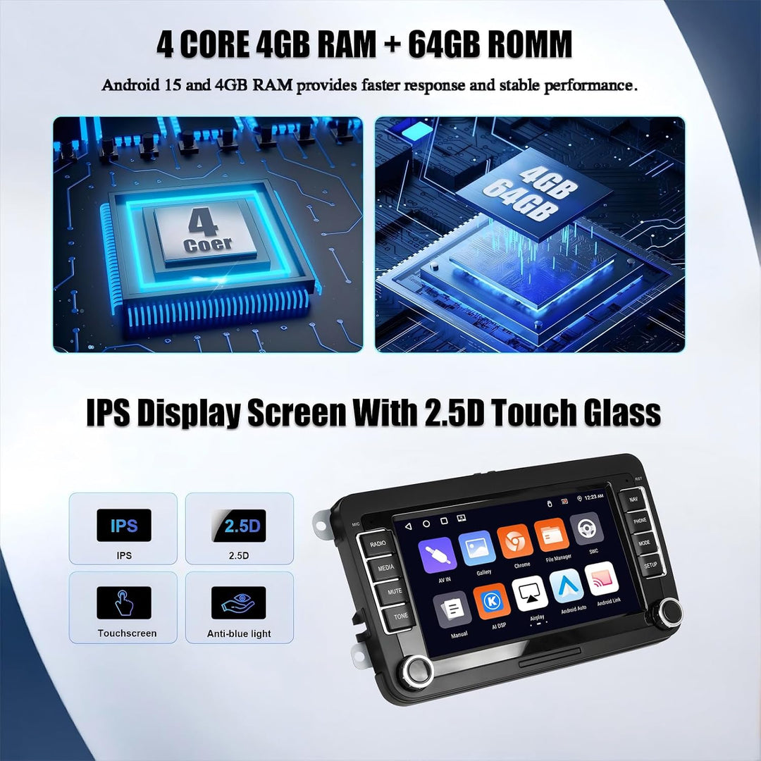CAMECHO 4+64G Android 15 Autoradio für VW Golf 5 6 Touran Polo Touran mit Carplay/Android Auto/Mirro