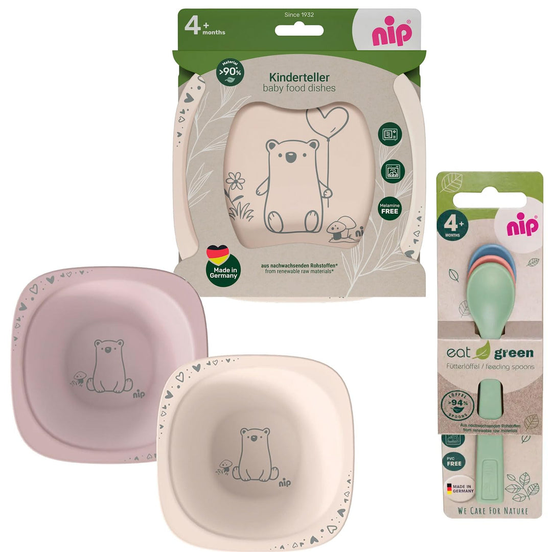 NIP Eat Green Geschirrset ab 4. Monat, 2 Teller, 2 Breischale, 3 Eat Green öko bio Babylöffel,Spülma