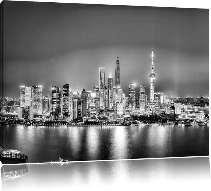 Pixxprint Monocrome, Shanghai Skyline, Format: 100x70 auf Leinwand, 100x70