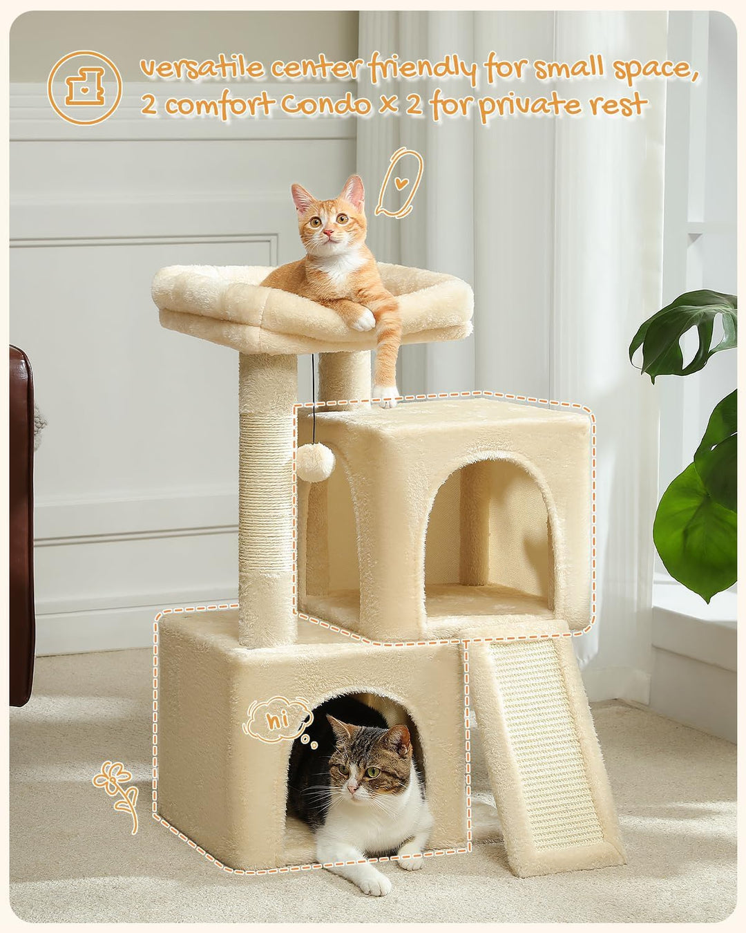 PETEPELA Kratzbaum mit Dual Condos für Wohnungskatzen, All-in-One-Katzenhaus mit gepolsterter Sitzst