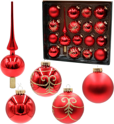 Dekohelden24 Lauschaer Christbaumschmuck-16er Set Kugeln inkl. 1 Baumspitze aus Glas, für Weihnachte