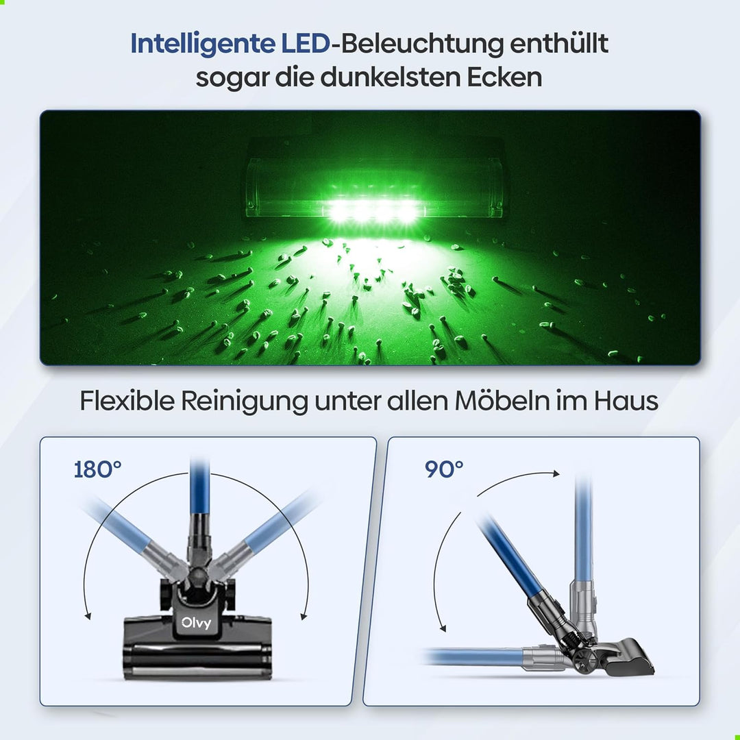 Olvy Akku-Staubsauger mit Wischfunktion, Tierhaare/Teppiche/Hartböden, Kabelloser 2-in-1, ohne Beute