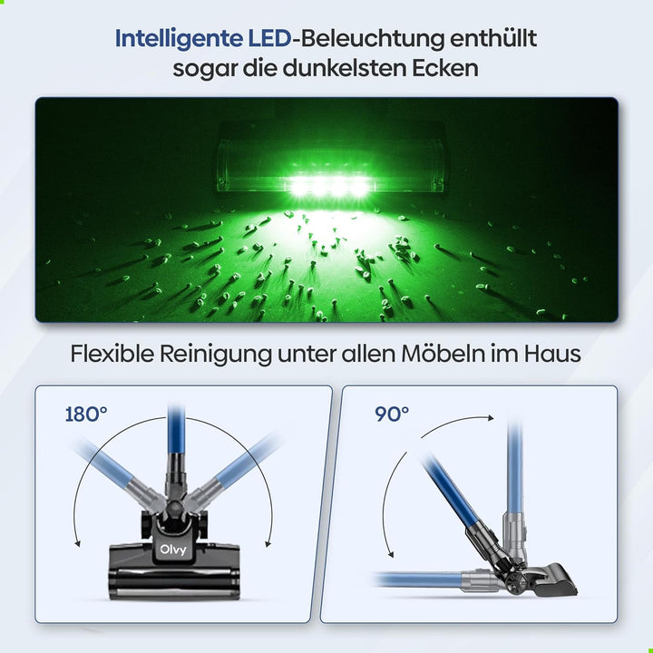 Olvy Akku-Staubsauger mit Wischfunktion, Tierhaare/Teppiche/Hartböden, Kabelloser 2-in-1, ohne Beute