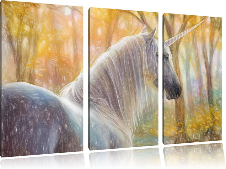 Pixxprint Einsames Einhorn im Wald als Leinwandbild/Grösse: 3 Teilig (120x80 cm) cm/Wandbild/Kunstdr