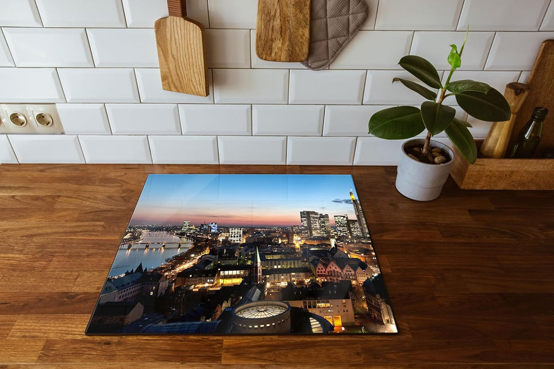 Frankfurt Skyline Herdabdeckplatte & Spritzschutz aus Echtglas | Für Herd-Kochfelder | 60x52 cm