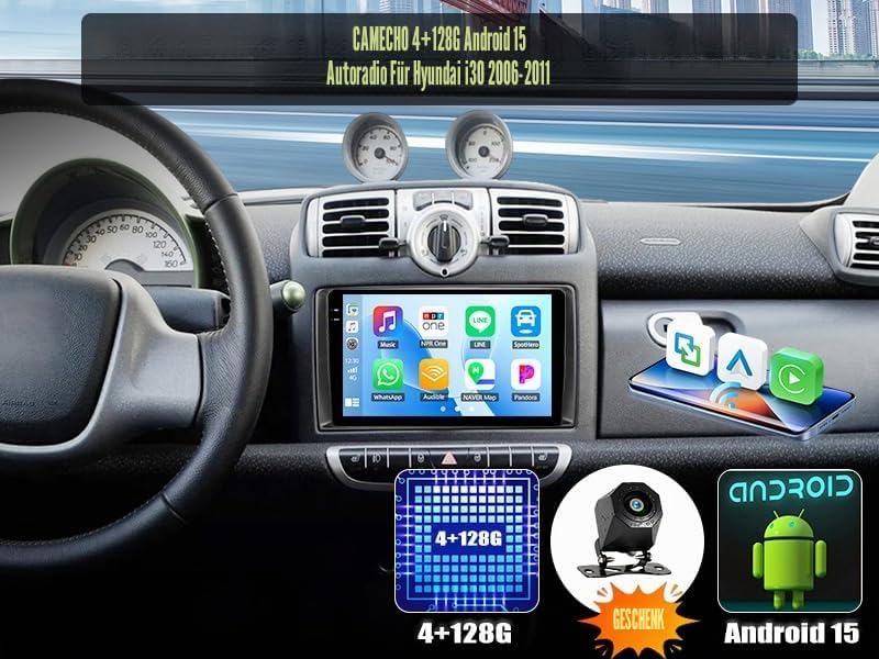 4+128G Android 15 CAMECHO 9 Zoll Autoradio für Mercedes Benz Smart Fortwo 451 2005-2010, Navi Radio