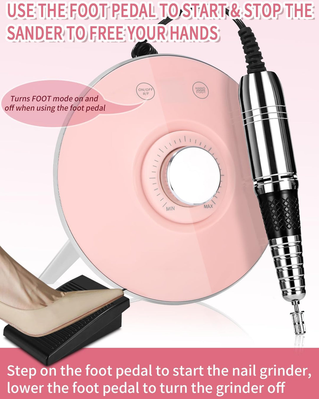 Nagelschleifer 45000 U/min, 6 in 1, Profi-Nagelfräser mit Pedal/Touch-Modus