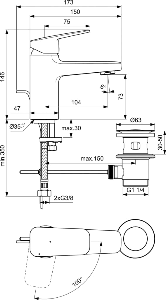 Ideal Standard BD214AA Ceraplan Waschtischarmatur mit Zugknopf-Ablaufgarnitur Auslaufhöhe 73mm mit M