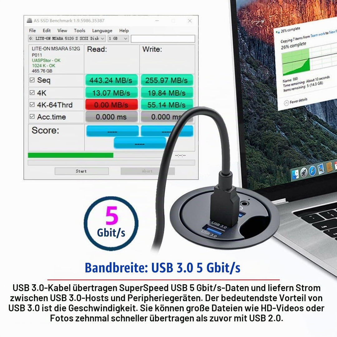 chenyang USB 3.0 Unterputz Desktop Hub,3 USB 3.0 Port Hub Tüllenloch 2,36 Zoll (60 mm) mit 3,5mm Aud