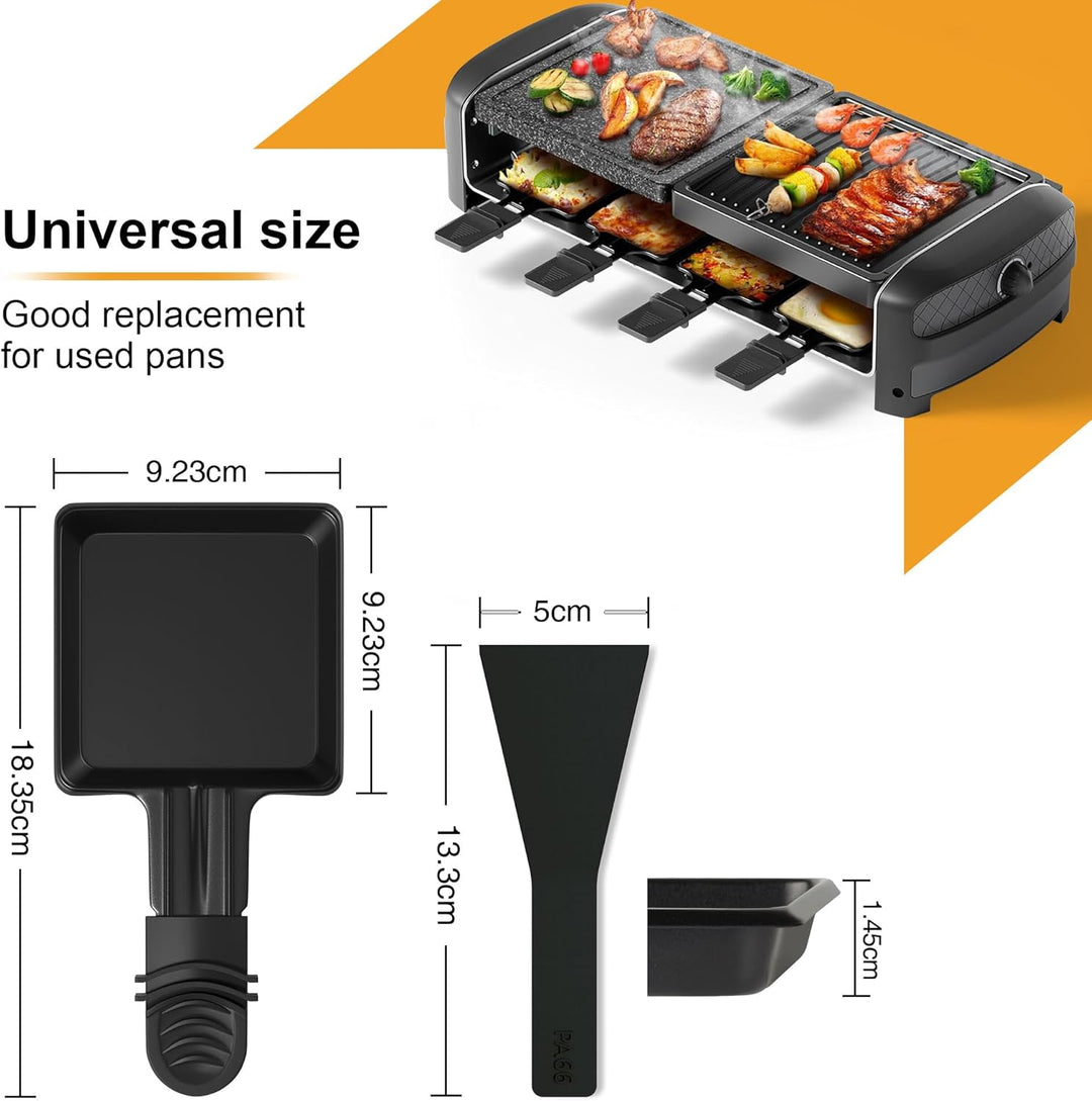 8er Set Raclette Pfännchen antihaftbeschichtet, Mini Grill Pfännchen Ersatz mit 8 Schaber und schwar