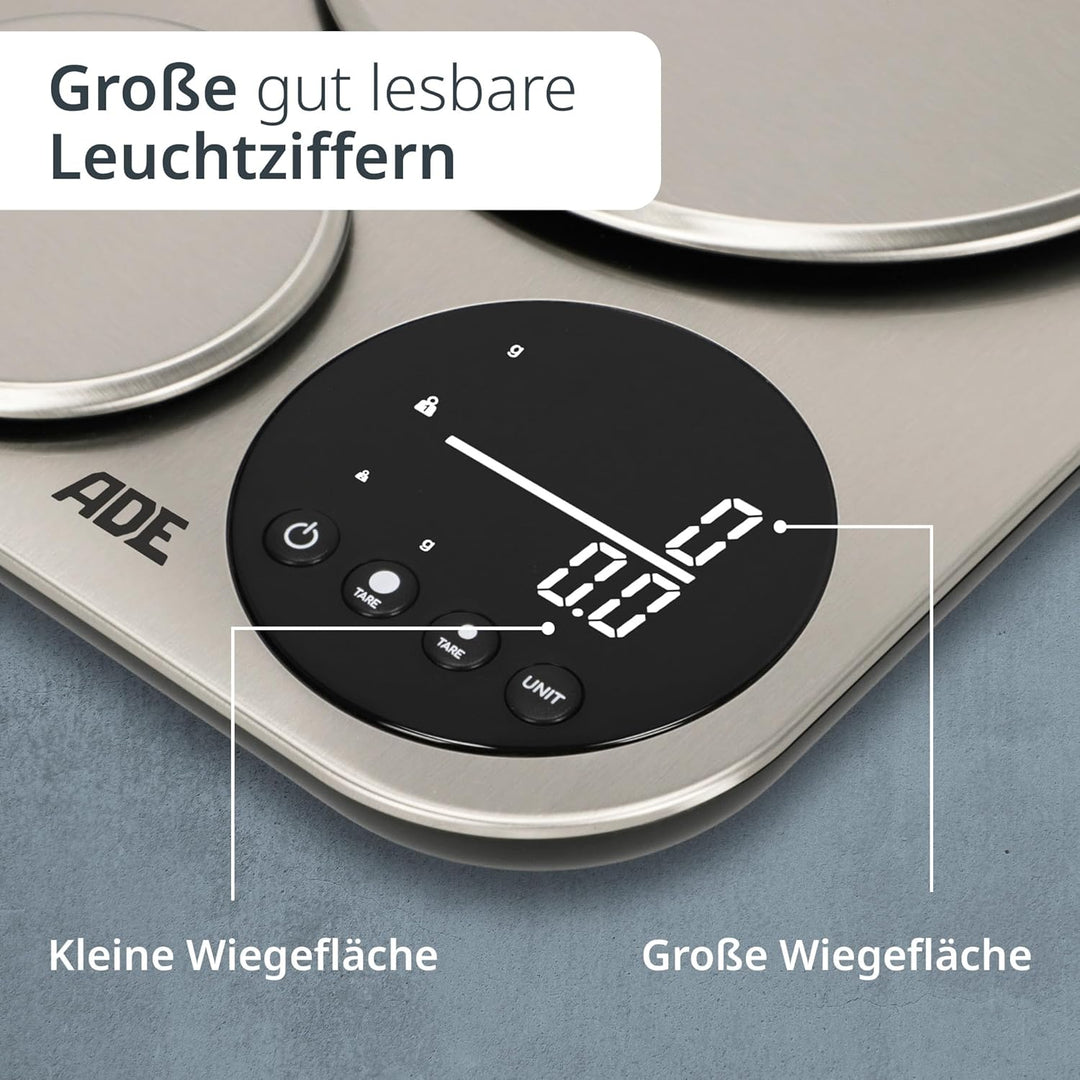ADE Küchenwaage digital mit 2 Plattformen 5kg/1g & 500g/0,1g | duale Präzisionswaage auf 0,1g genau