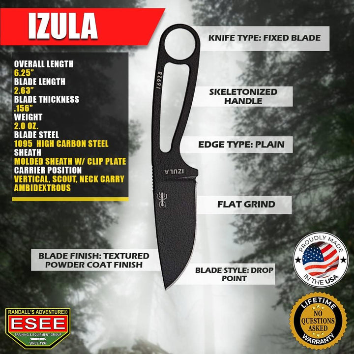 ESEE Knives Izula Fixed Blade Knife w/Survival Kit, Sheath & Clip Plate Schwarz, Schwarz