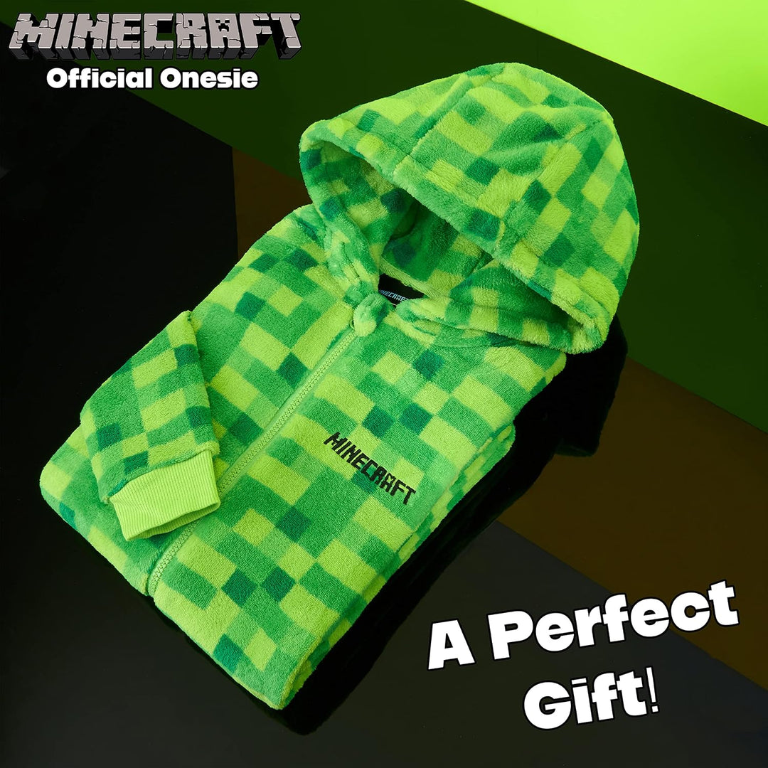 Minecraft Onesie Creeper Fleece Jumpsuit Sleepsuit Gamer Geschenk Schlafoverall mit Kapuze für Junge