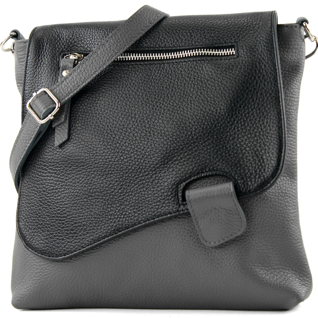 modamoda de - T146 - ital Messengertasche Umhängetasche aus Leder Dunkelgrau/Schwarz2021, Dunkelgrau