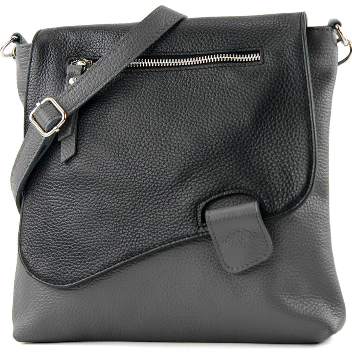 modamoda de - T146 - ital Messengertasche Umhängetasche aus Leder Dunkelgrau/Schwarz2021, Dunkelgrau