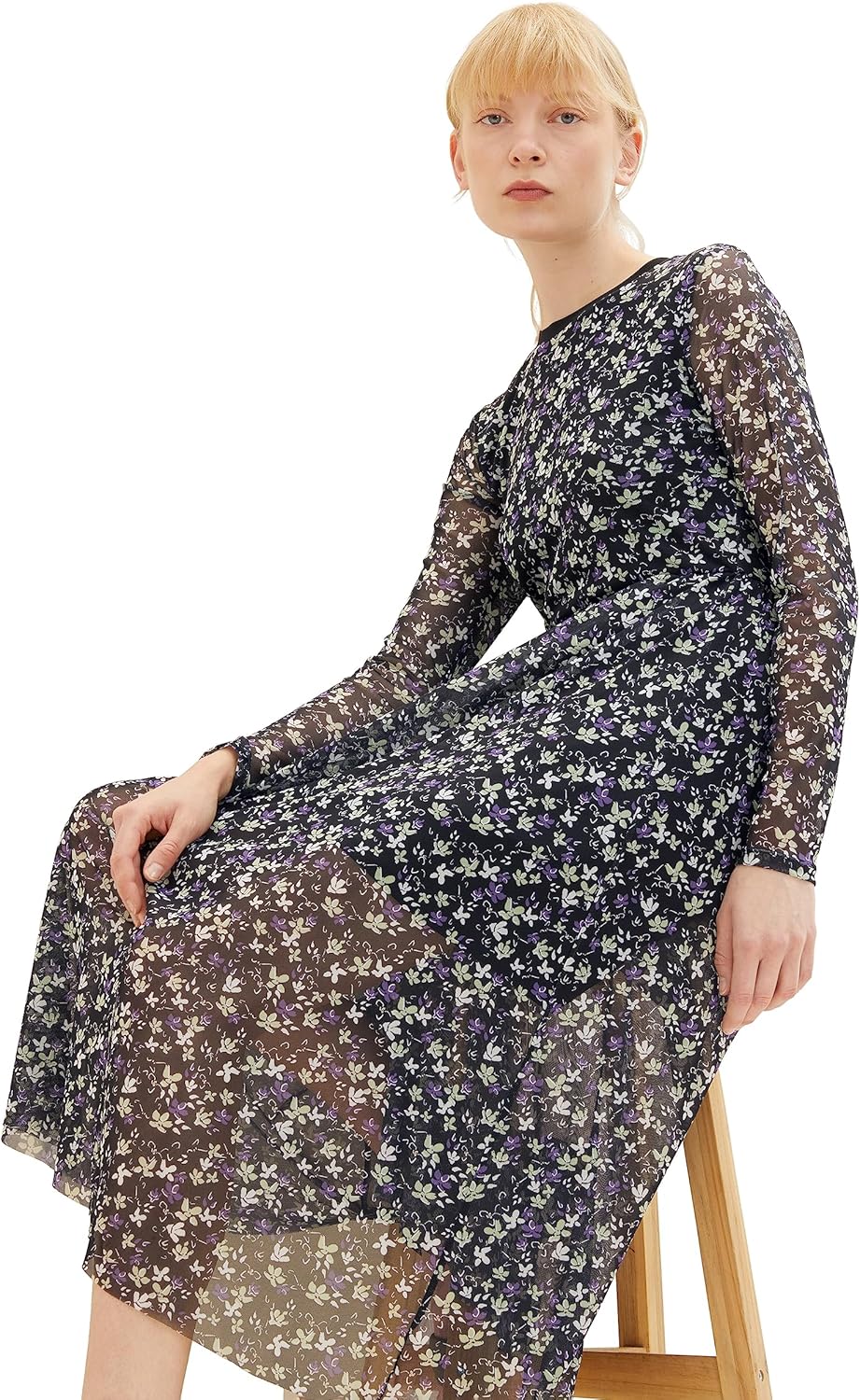 TOM TAILOR Denim Damen Denim Mesh Kleid mit Muster L 34262-black Flower Print, L 34262-black Flower