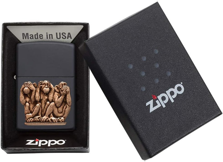 Zippo 29409 Three Monkeys Benzinfeuerzeug, Messing, Black Matte, 1 x 6 x 6 cm