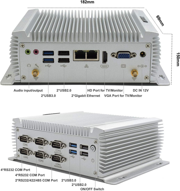 HISTTON Lüfterlos Mini PC Industrie PC Intel Core i7-4500U, 8GB RAM 128GB SSD, HDMI &VGA Dual Ausgan