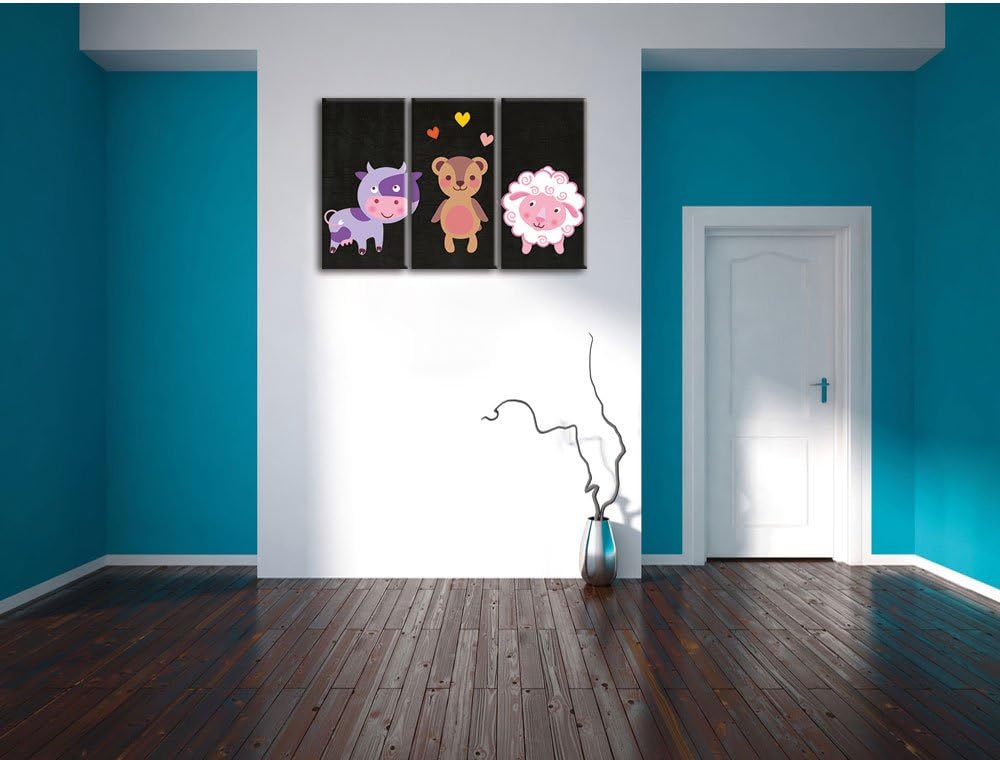 Pixxprint Kuh Teddy und Schaf als Leinwandbild/Grösse: 3 Teilig (120x80) cm/Wandbild/Kunstdruck/fert