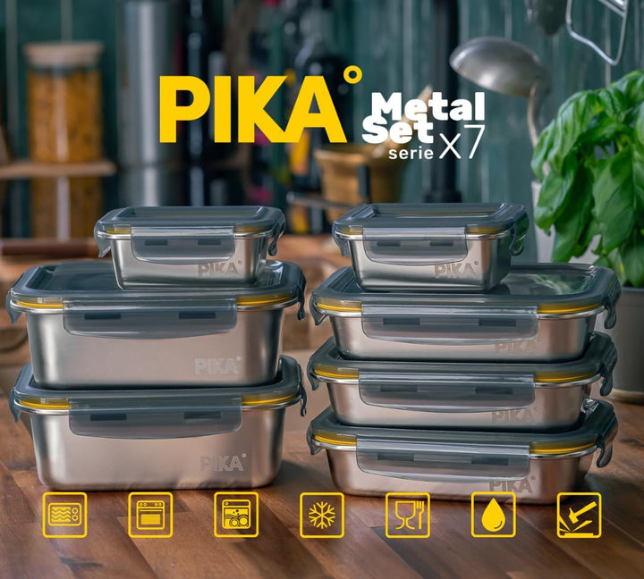 PIKA - 7 Lebensmittelbehälter aus Edelstahl – 3 x 820 ml + 2 x 1200 ml + 2 x 260 ml – luftdicht, gee