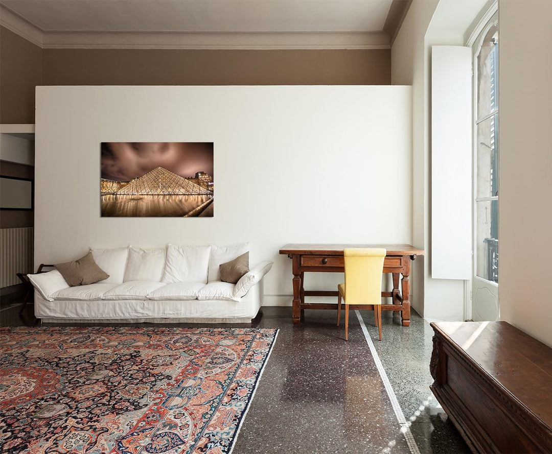 Paul Sinus Art 120x80cm - WANDBILD Paris Louvre Pyramide Wasser Dämmerung - Leinwandbild auf Keilrah