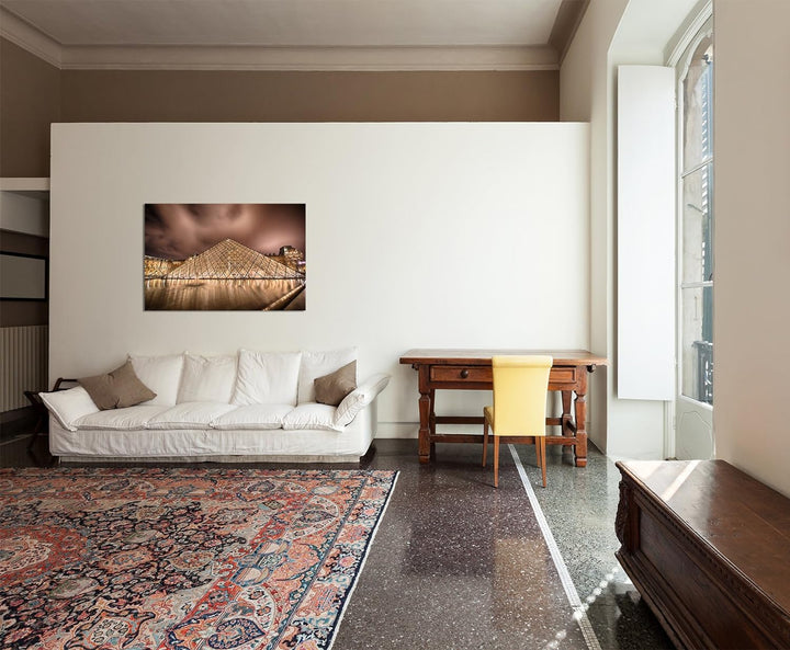 Paul Sinus Art 120x80cm - WANDBILD Paris Louvre Pyramide Wasser Dämmerung - Leinwandbild auf Keilrah