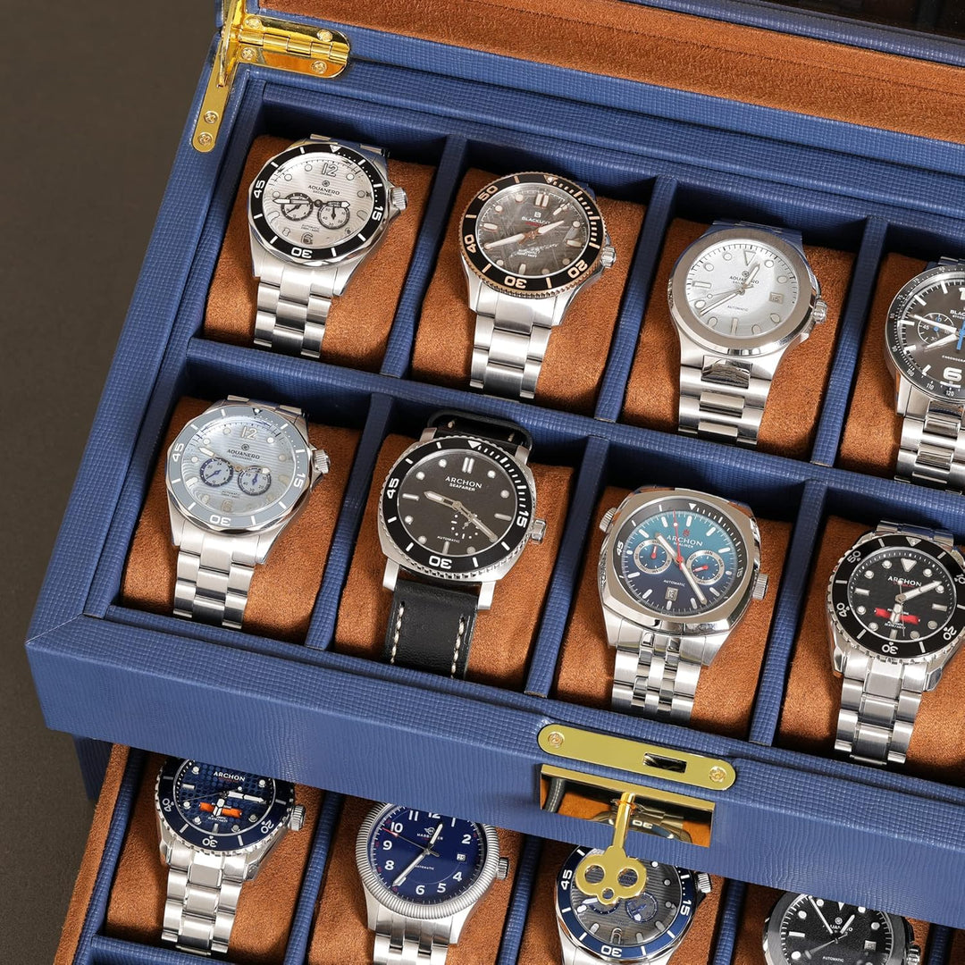 ROTHWELL Uhrenbox aus Leder mit 20 Fächern, luxuriöses Uhrengehäuse, Schmuck-Organizer, verschliessb