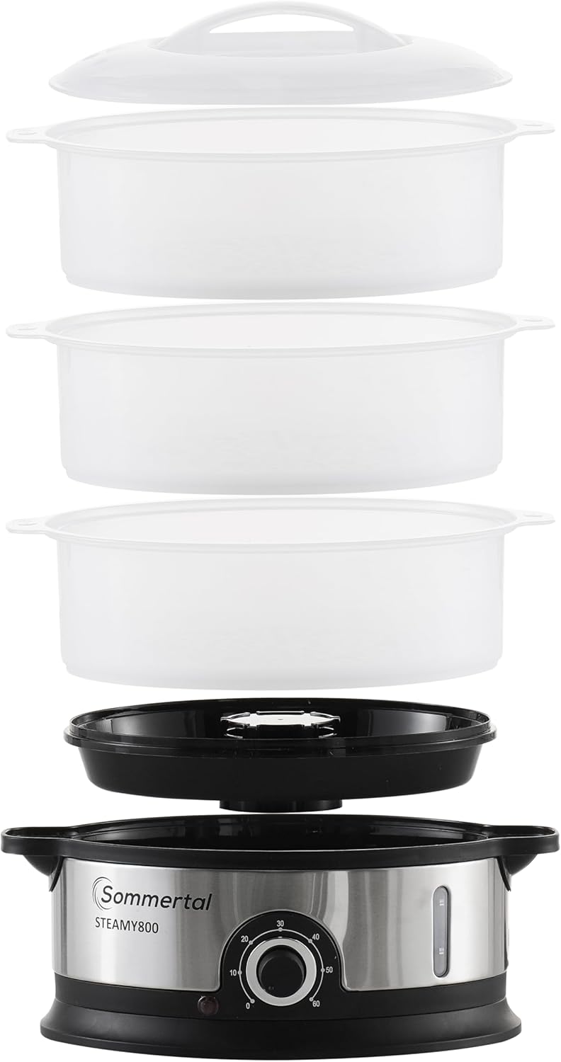 STEAMY 800 Dampfgarer elektrisch,16L XXL Dampftopf, 1200ml Wasserbehälter, 800W, BPA-frei, 3 Dampfga