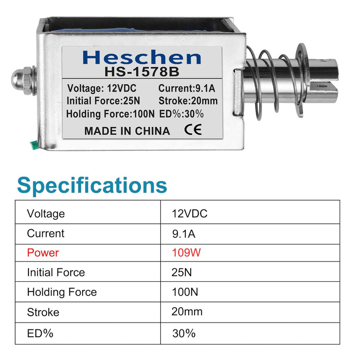 Heschen Magnet-Elektromagnet, HS-1578B, DC12 V, 4,8 A, 25 mm Hub, Kraft 50 N, Push-Pull-Typ, offener