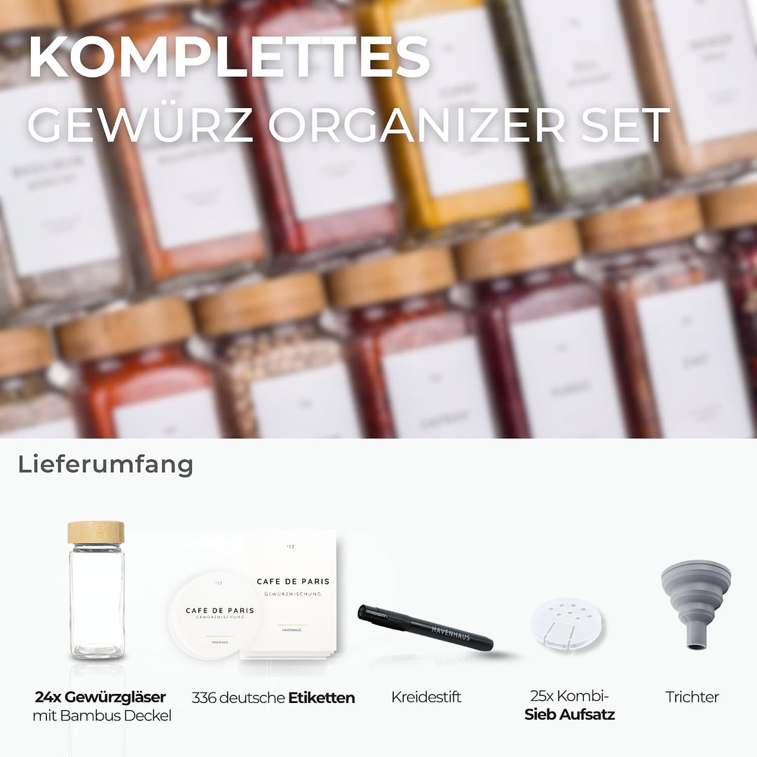 Havenhaus Premium Gewürzgläser Set Bambus | 24 Gewürz Organizer inkl. 336 deutschen Gewürzetiketten