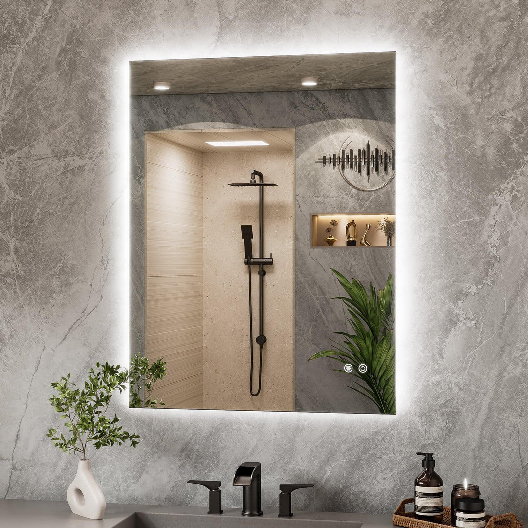 TETOTE Badspiegel mit Beleuchtung 70x90cm, Rechteckiger LED Badezimmerspiegel ohne Rahmen, Wandspieg