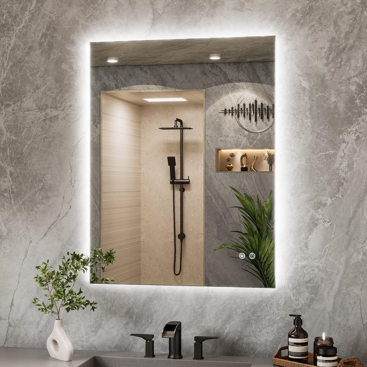 TETOTE Badspiegel mit Beleuchtung 70x90cm, Rechteckiger LED Badezimmerspiegel ohne Rahmen, Wandspieg