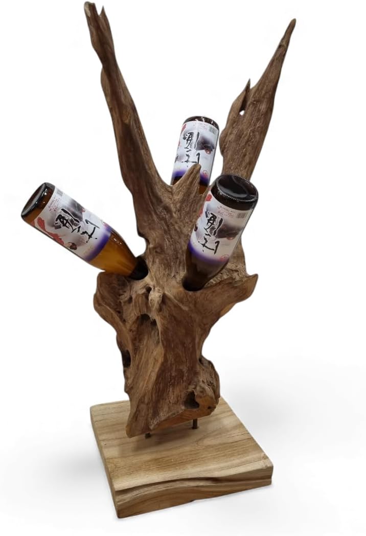 Kinaree Teak Wurzelholz Flaschenständer – Handgefertigtes Holz Weinregal – Natur Deko Skulptur – Uni