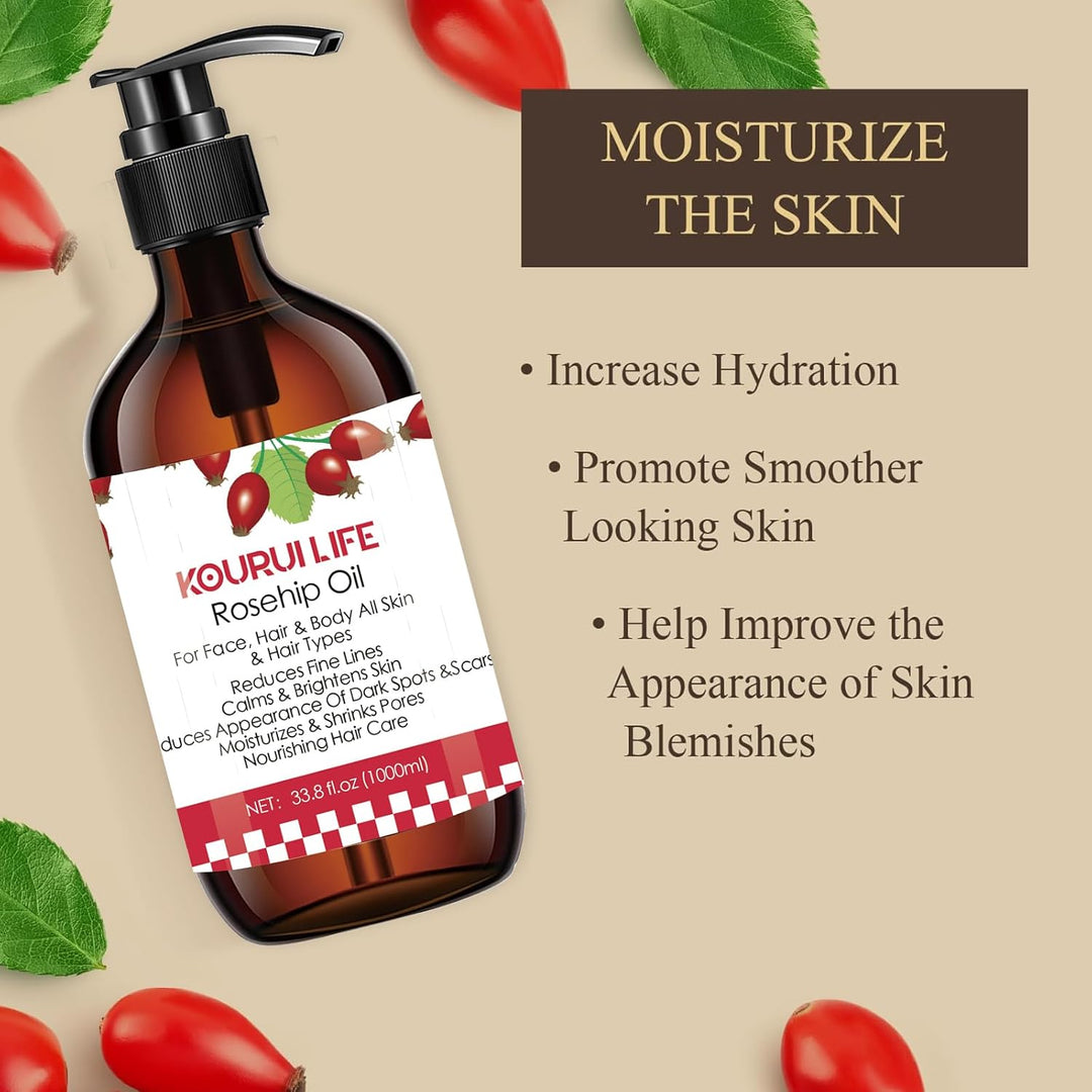 KOURUILIFE Hagebuttenöl 33.8oz(1000ml) 100% Rein Natürlich, Kaltgepresst, Unraffiniert, Vegan - Natu