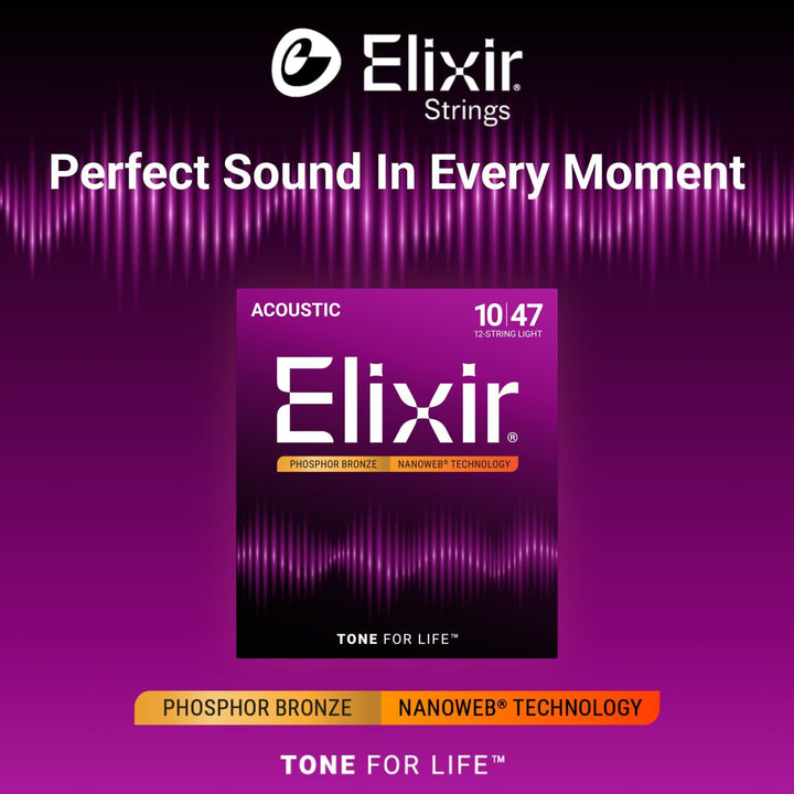 Elixir® 16152 Saiten Phosphor Bronze 12-saiter Akustik-Gitarrensaiten mit NANOWEB® Beschichtung, Lig