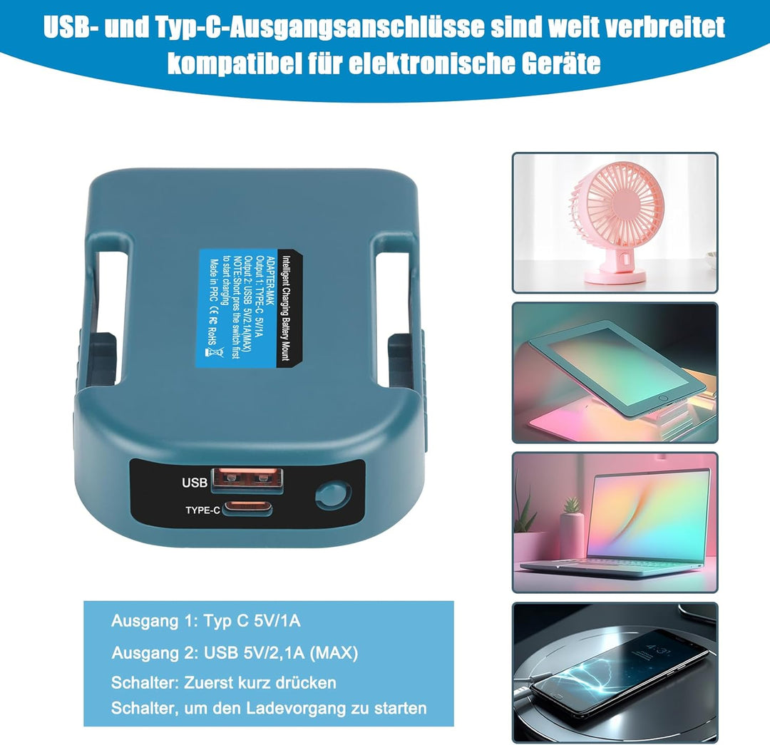2 Pack Akku-Adapter, USB-Ladegerät-Adapter Kompatibel für Makita 18V Lithium Akku BL1830 BL1860 Dual