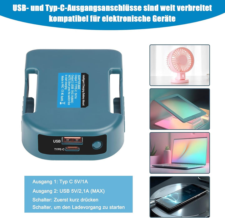 2 Pack Akku-Adapter, USB-Ladegerät-Adapter Kompatibel für Makita 18V Lithium Akku BL1830 BL1860 Dual