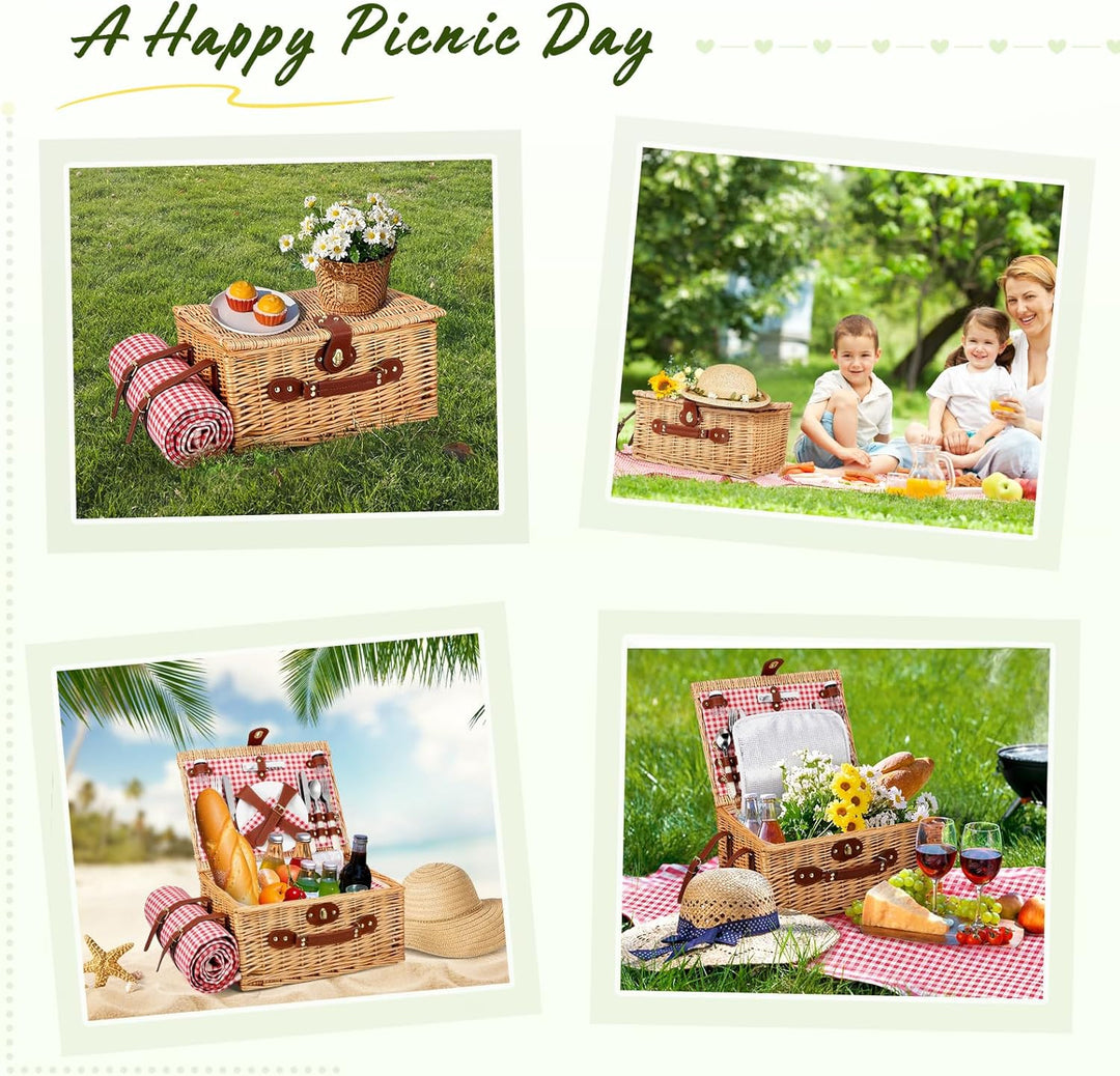 Weidenkorb für 4 Personen, Vintage Picknickkorb Set, mit Kühlfach, Wasserdichter Decke, Tellern, Glä