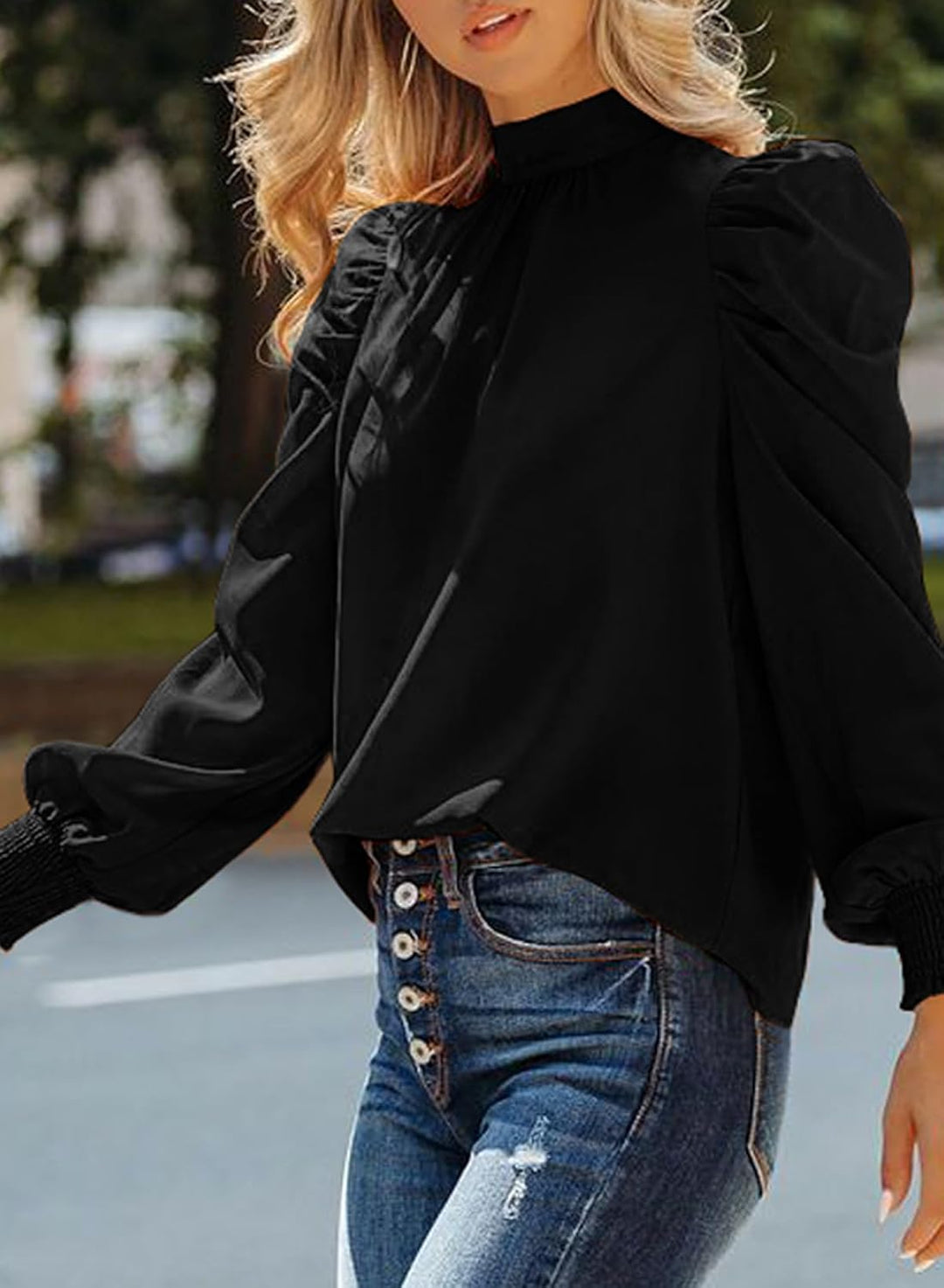 Dokotoo Damen Bluse Elegant Business Chiffonbluse Einfarbig Stehkragen Puffärmel Oberteil Tops S-XXL