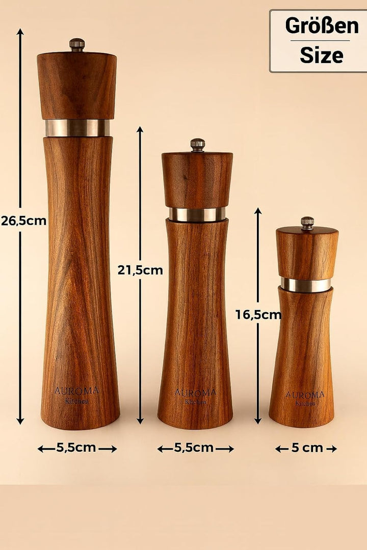 AUROMA Salz & Pfeffermühlen Set aus hochwertigem Akazienholz gefertigt | Modernes Design | Geschenki