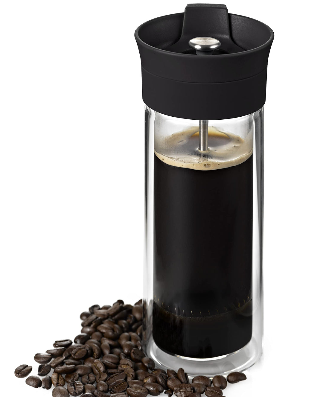 AdHoc TT25 French Press Becher THERMO-GLASS, 300 ml (ohne Kaffee), Glas/Edelstahl/Kunststoff/Silikon