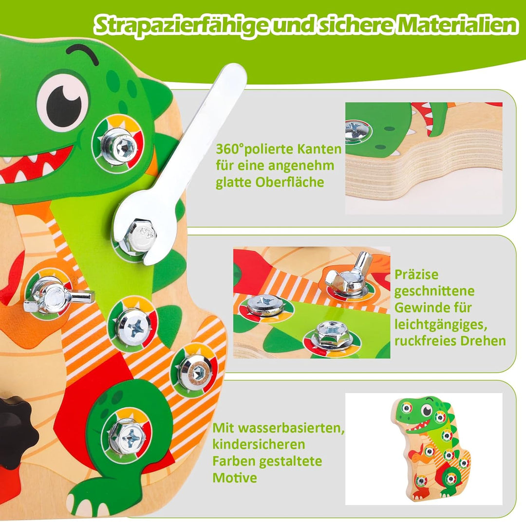 Montessori Dino Schraubbrett aus Holz – Busy Board Motorikbrett Lernspielzeug zur Förderung der Fein