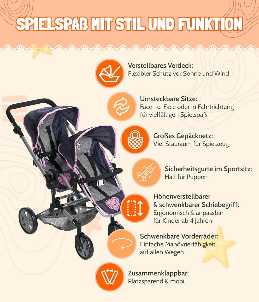 Bayer Chic 2000 - Puppenwagen Linus Duo, Zwillingspuppenwagen für Kinder von 4 bis 8 Jahren, Jeans p