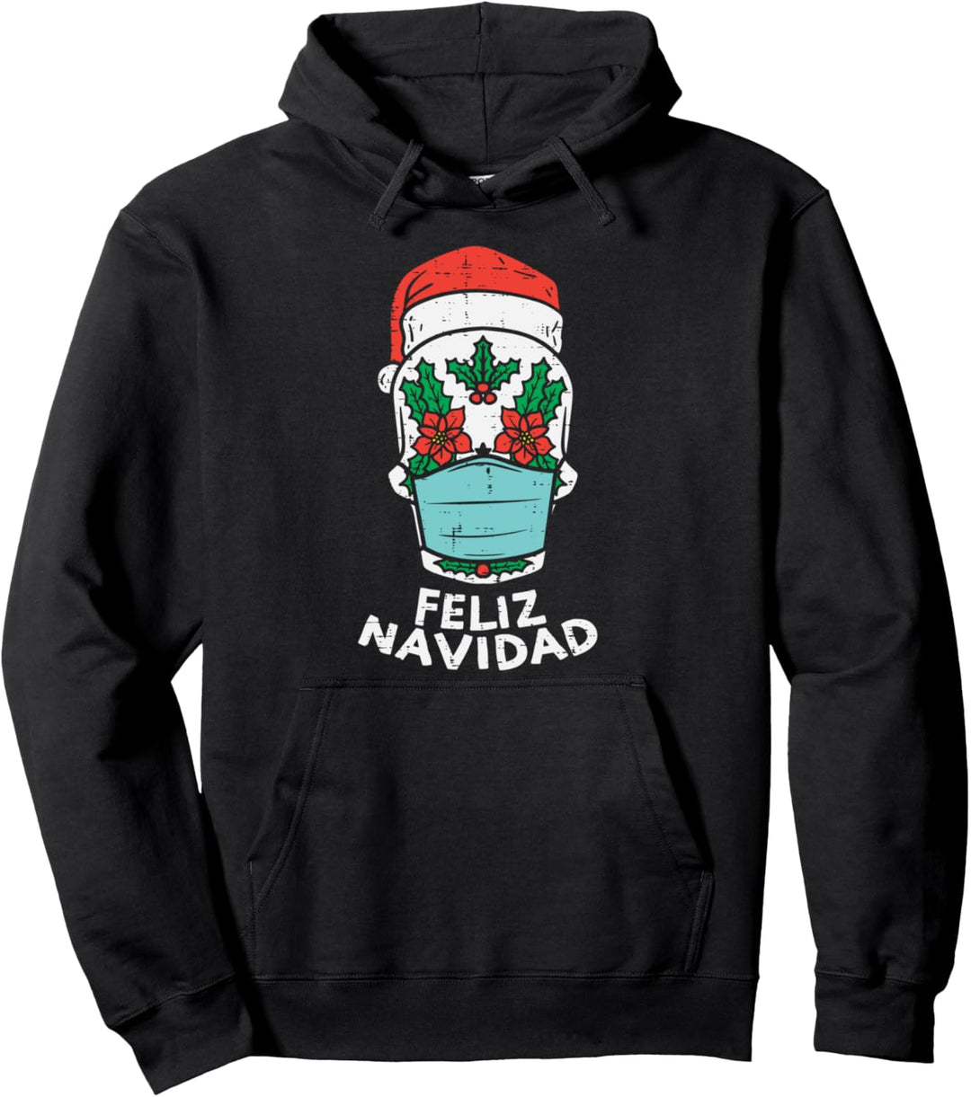 Feliz Navidad Sugar Skull Santa Mask Xmas Quarantine Gift Pullover Hoodie