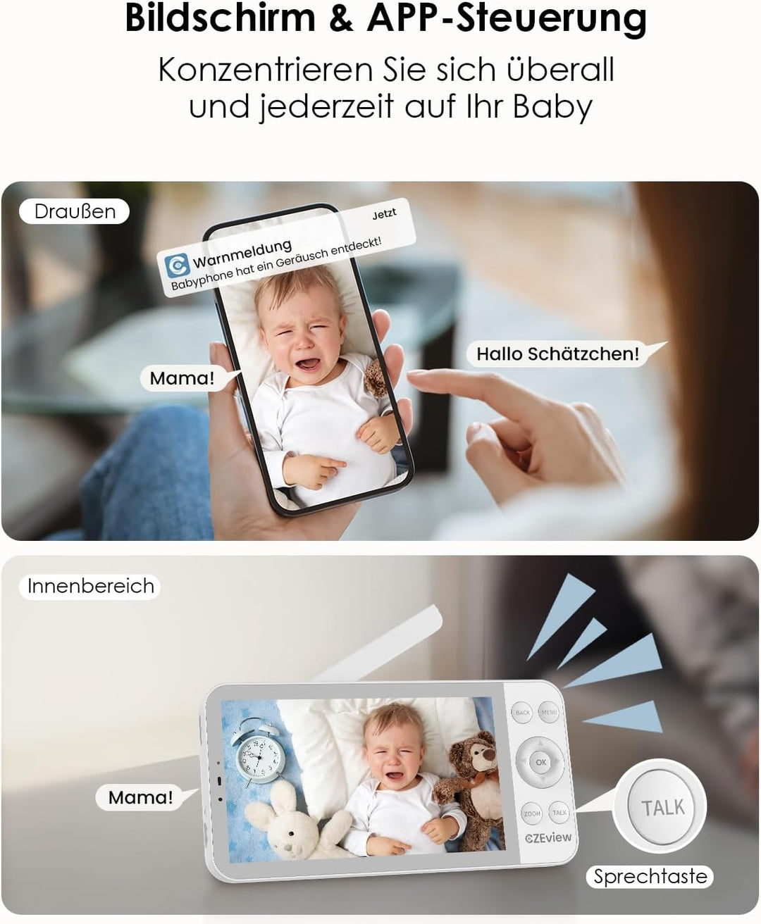 5.5" Babyphone mit Kamera und APP, 2K HD, Nachtlicht Ohren, Nachtsicht, WLAN Video Babyfon, Musik, B