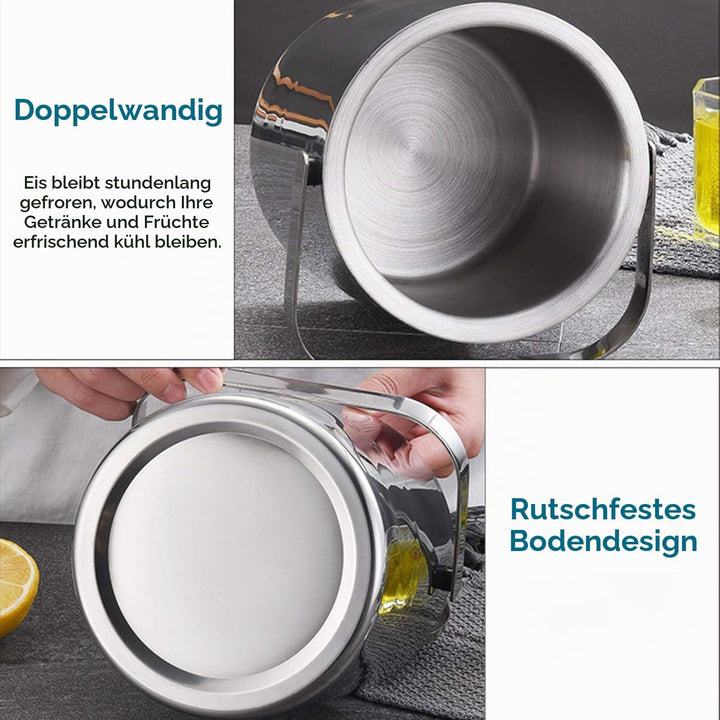 Emsmil 2.2L Eiseimer mit Deckel Zange und Sieb Eiskübel Edelstahl Eisbehälter Sektkühler Eiswürfelbe