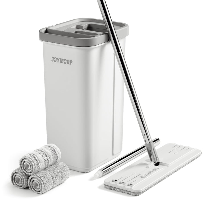 JOYMOOP Wischmopp und Eimer mit Auswringer-Set, weisses flaches Squeeze-Mopp-Eimer-Set für Bodenrein